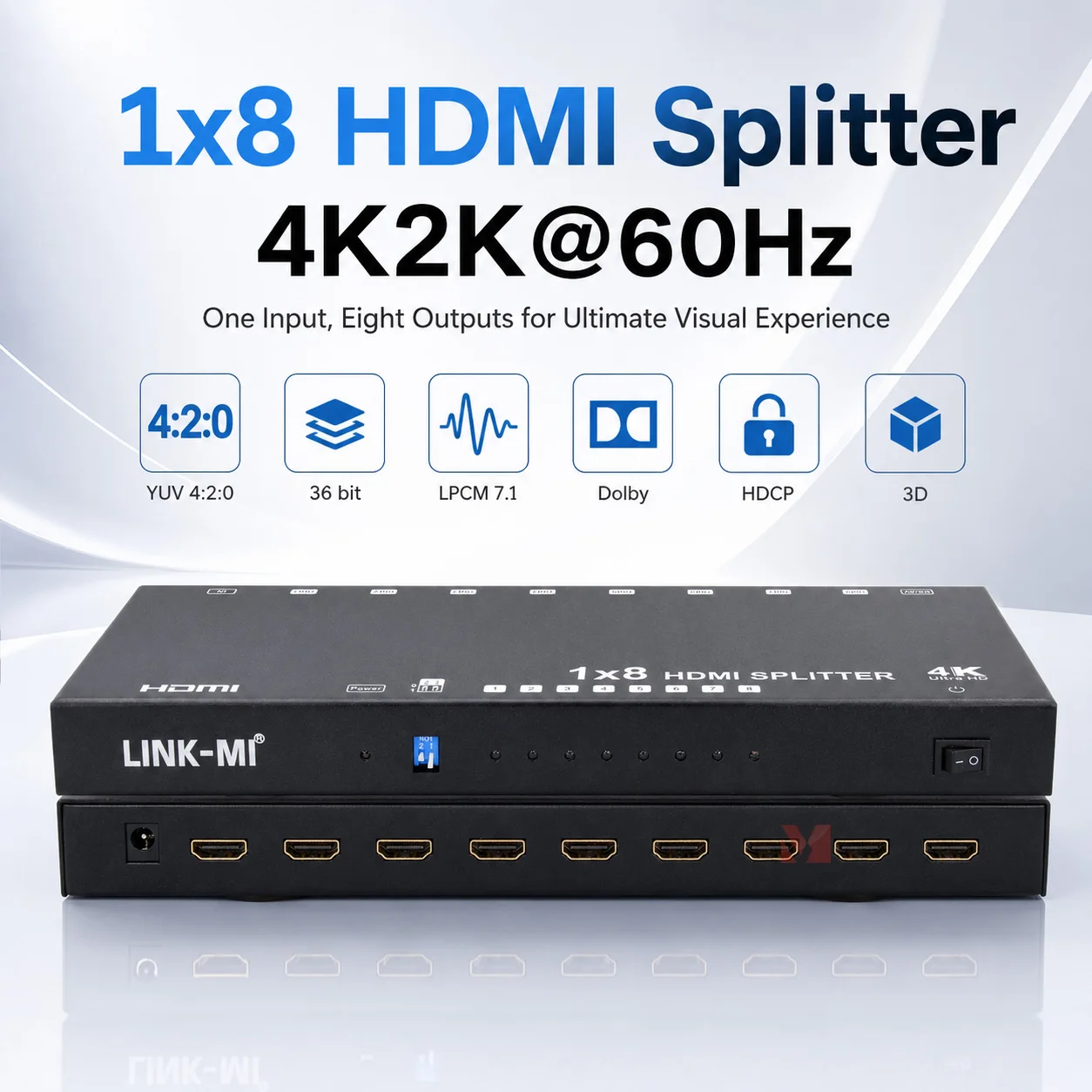 1x8 1x4 1x2 HDMI 2.0 Splitter Support 4K2K@60Hz YUV 4:2:0 EDID HDCP 3D 1 in 4 out UHD Video Audio Splitter
1x8 1x4 1x2 HDMI 2.0 Splitter Support 4K2K@60Hz YUV 4:2:0 EDID HDCP 3D 1 in 4 out UHD Video Audio Splitter