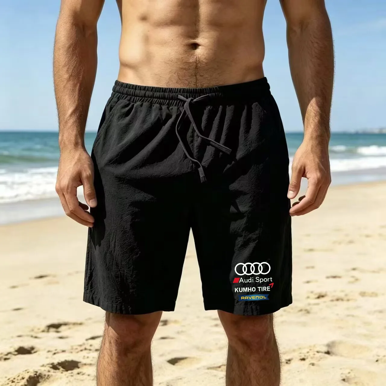 The New Model of Men's Shorts by Audi Features a Cotton and Linen Blend Fabric, with an Elastic Waistband for Added Comfort.
The New Model of Men's Shorts by Audi Features a Cotton and Linen Blend Fabric, with an Elastic Waistband for Added Comfort.