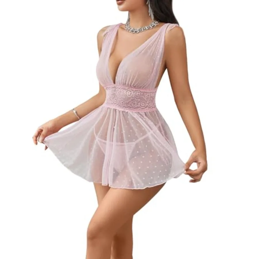 OYOANGLE Women's 2 Pcs Polka Dots Lace Sheer Mesh V Neck Babydoll Teddy Lingerie Set
OYOANGLE Women's 2 Pcs Polka Dots Lace Sheer Mesh V Neck Babydoll Teddy Lingerie Set