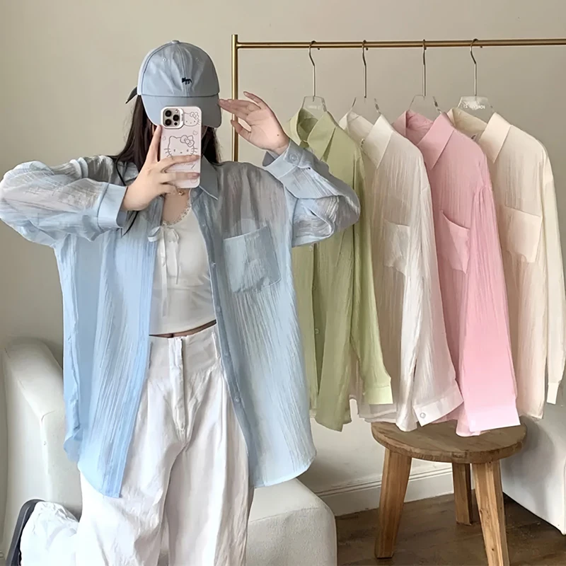 Women's Long Sleeve Sunscreen Shirt 2025 Summer Candy Colors Pocket Thin Blouse Woman See-Through Turn Down Collar Shirts Mujer
Women's Long Sleeve Sunscreen Shirt 2025 Summer Candy Colors Pocket Thin Blouse Woman See-Through Turn Down Collar Shirts Mujer