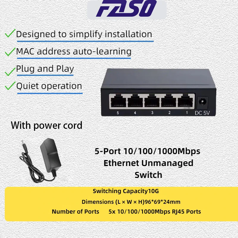 5 port 10/100/1000Mb Network Ethernet Switch Iron shell Supports full duplex/half duplex RJ45 MDI/MDIX Suitable for office home
5 port 10/100/1000Mb Network Ethernet Switch Iron shell Supports full duplex/half duplex RJ45 MDI/MDIX Suitable for office home
