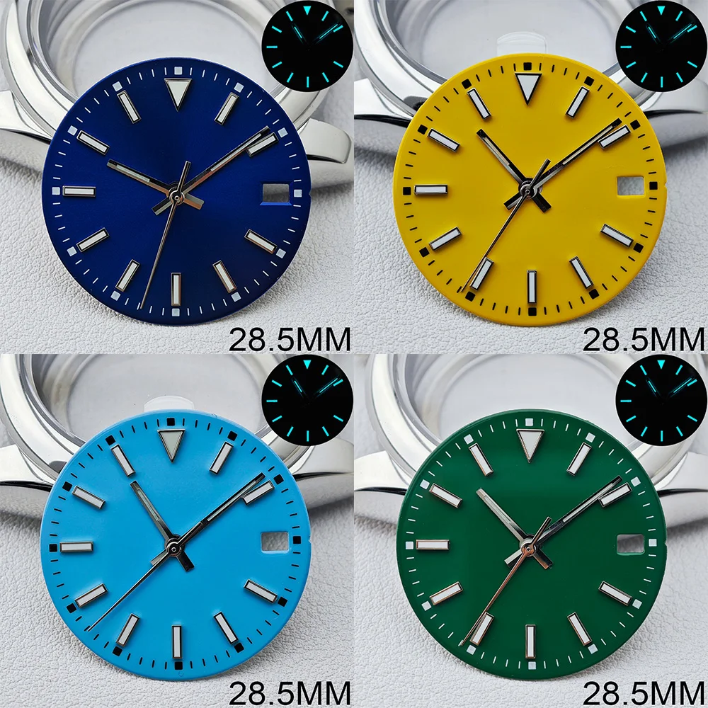 28.5mm diameter single/no calendar watch with blue luminous dial and hands fit for NH35/2815/2836 movement watch accessories
28.5mm diameter single/no calendar watch with blue luminous dial and hands fit for NH35/2815/2836 movement watch accessories