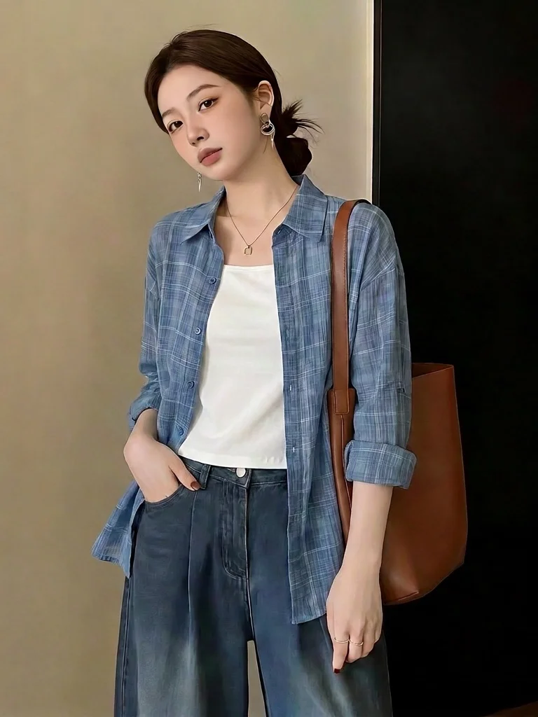 Blue Plaid Thin Shirt Women's Summer New Large Size Fat MM Shoulder Length Outerwear Breathable Long Sleeve Flip Collar Top
Blue Plaid Thin Shirt Women's Summer New Large Size Fat MM Shoulder Length Outerwear Breathable Long Sleeve Flip Collar Top