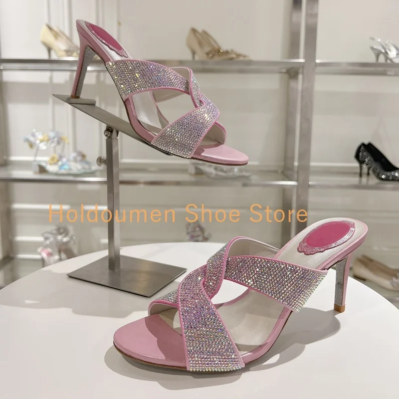 Pink Grain Pearl Blue Gradient Satin X-Shaped Strap Full Rhinestones Peep Toe Slippers Luxury Hot Diamond Stiletto Slippers
Pink Grain Pearl Blue Gradient Satin X-Shaped Strap Full Rhinestones Peep Toe Slippers Luxury Hot Diamond Stiletto Slippers