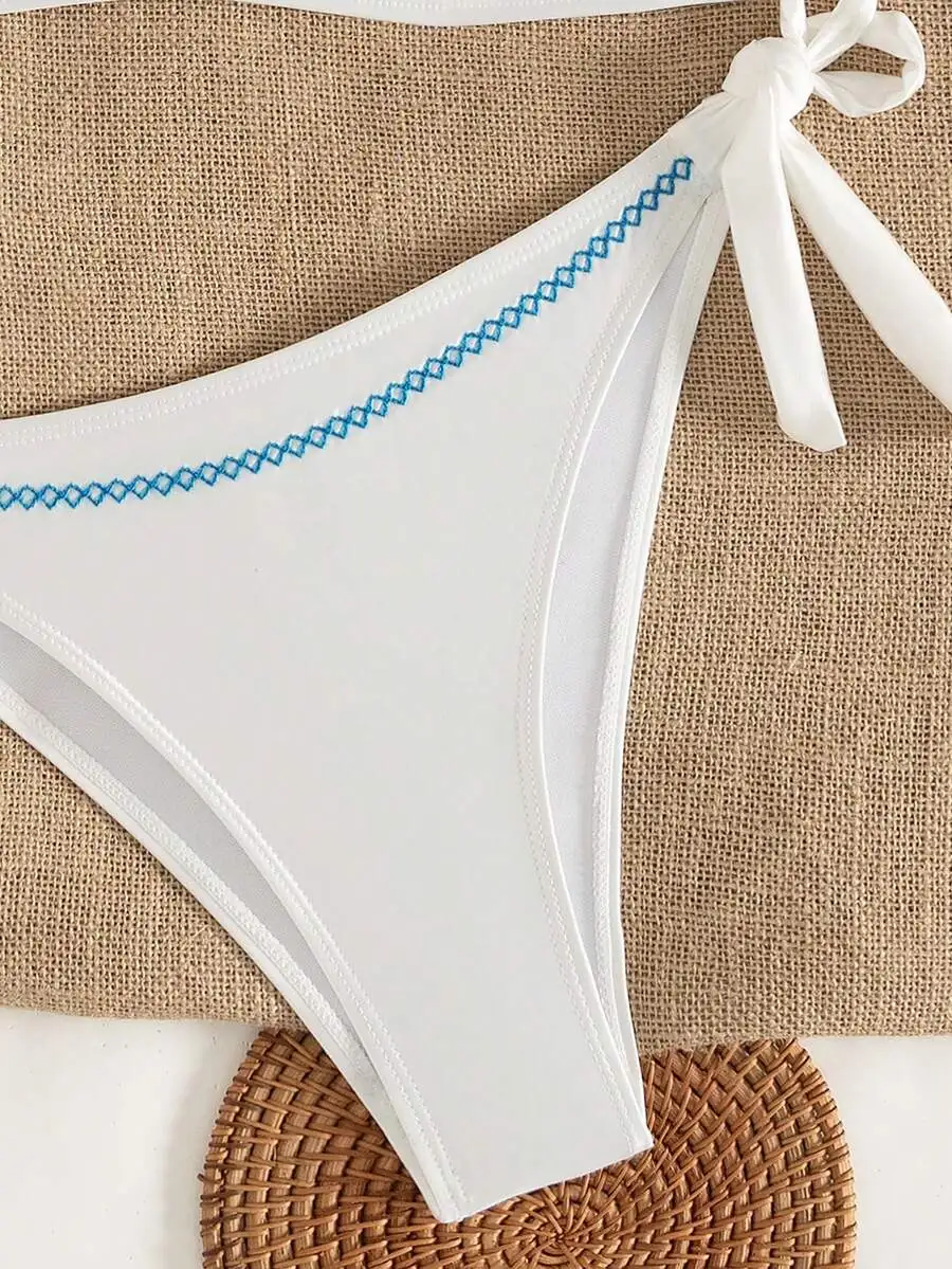 Womens White Side Tie Bikini Bottom With Blue Geometric Embroidery Summer Beach Swimwear
Womens White Side Tie Bikini Bottom With Blue Geometric Embroidery Summer Beach Swimwear