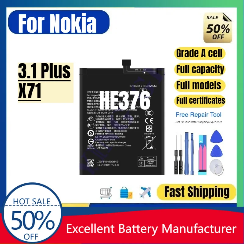0 Cycle HE376 Battery for Nokia 3.1 Plus X71 Phone High Quality High Capacity Replacement Lithium Polymer Grade A Cell with Tool
0 Cycle HE376 Battery for Nokia 3.1 Plus X71 Phone High Quality High Capacity Replacement Lithium Polymer Grade A Cell with Tool