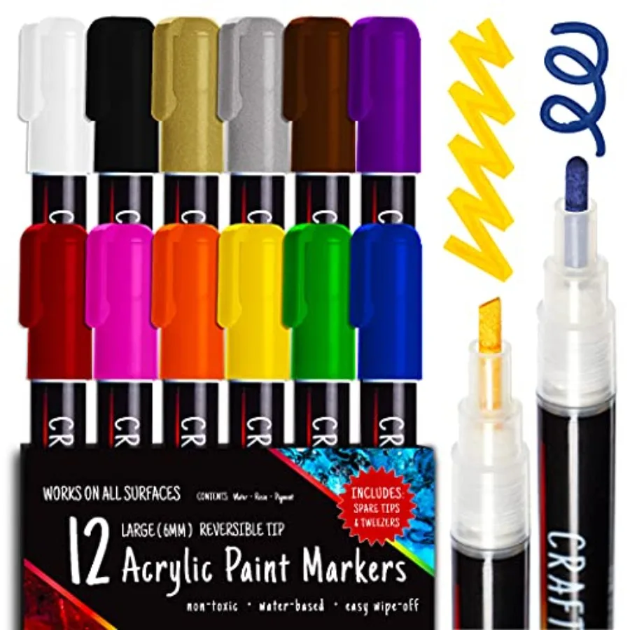 Acrylic Paint Markers Set - 12, Broad Tip -Tip Acrylic Paint Pens for Rock Painting, Glass, Wood, Canvas and Fabric - Non-Toxic
Acrylic Paint Markers Set - 12, Broad Tip -Tip Acrylic Paint Pens for Rock Painting, Glass, Wood, Canvas and Fabric - Non-Toxic
