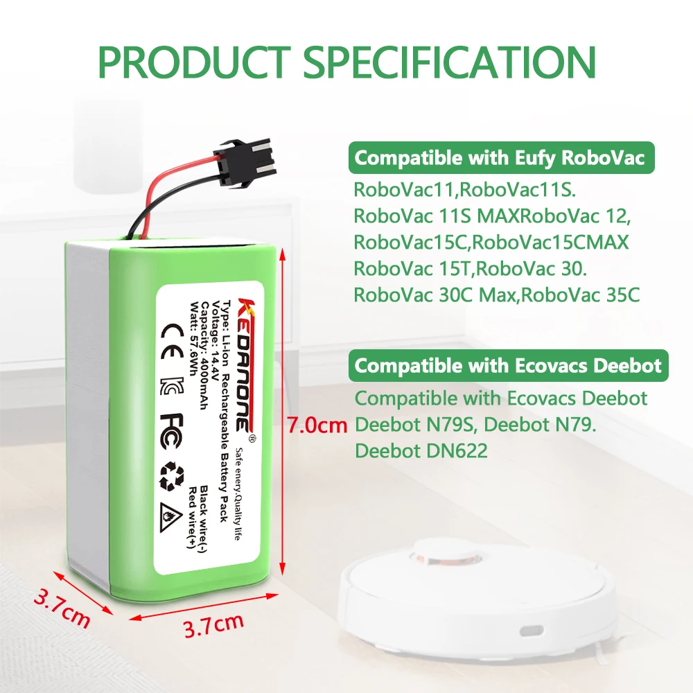 14.4V 4.0Ah Li-ion battery for Cecotec Conga Excellence 950 990 1090 Ecovacs Deebot DN621 601/605 Eufy RoboVac 35C Panda i7 V710
14.4V 4.0Ah Li-ion battery for Cecotec Conga Excellence 950 990 1090 Ecovacs Deebot DN621 601/605 Eufy RoboVac 35C Panda i7 V710