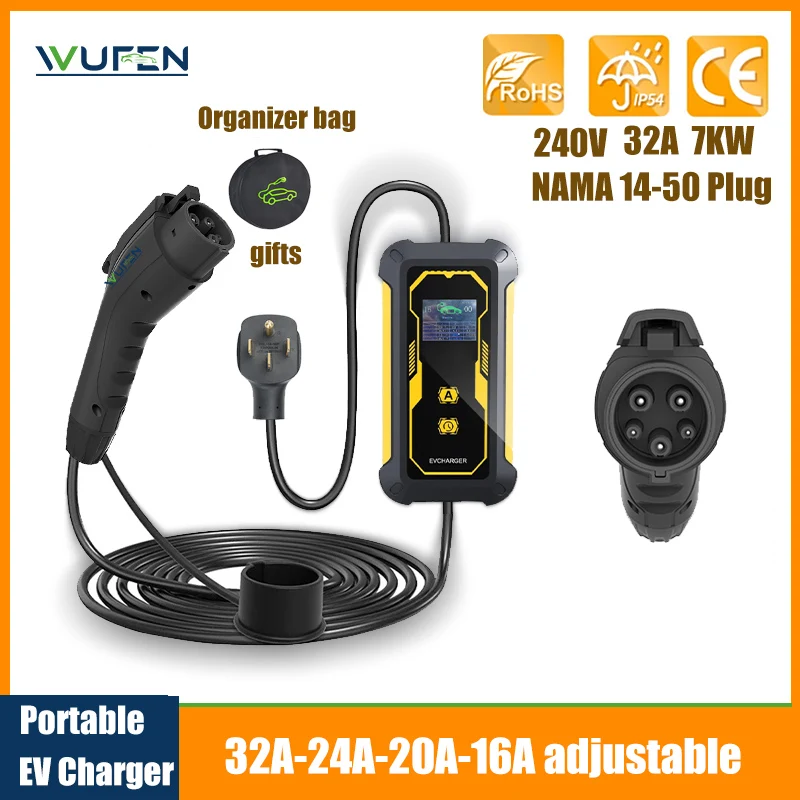 WUFEN 5M Electric Car EV Portable Charger 32A 7KW EVSE Charging Cable NAME14-50 Plug Controller Wallbox Delayed Charging For GBT
WUFEN 5M Electric Car EV Portable Charger 32A 7KW EVSE Charging Cable NAME14-50 Plug Controller Wallbox Delayed Charging For GBT