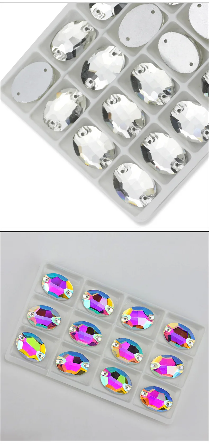 Flat back double hole hand sewing white AB Oval glass high flash drill accessories suitable for clothing, shoes, bags, etc.
Flat back double hole hand sewing white AB Oval glass high flash drill accessories suitable for clothing, shoes, bags, etc.