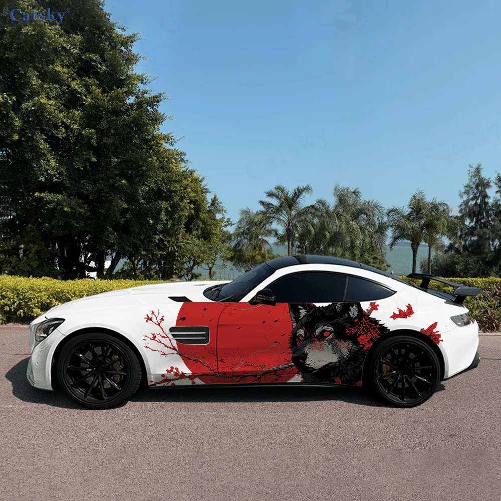 2pcs Floral Patterns & Black Wolves Car Side Wraps, Self-Adhesive PVC Waterproof & Scratch-Resistant Sticker, Car Accessory Gift