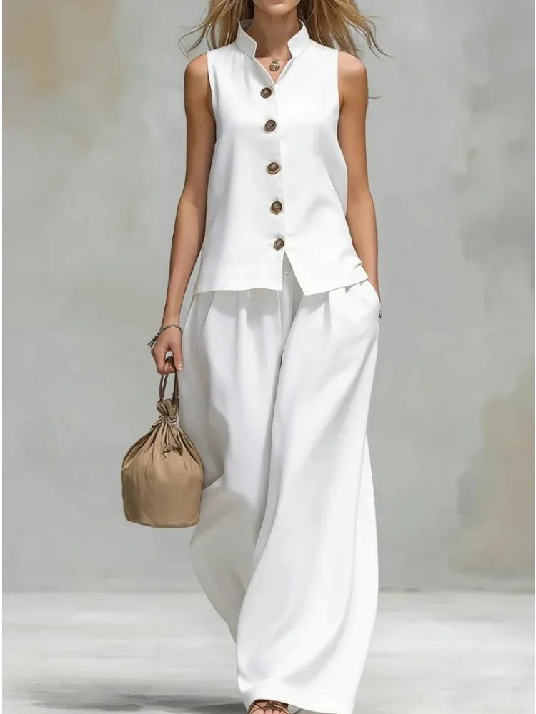 Summer Women Vest Pant Two Piece Outfit Vestidos Stand Collar Sleeveless Vest Top and Wide Leg Pants Cotton Linen Two Piece Set
Summer Women Vest Pant Two Piece Outfit Vestidos Stand Collar Sleeveless Vest Top and Wide Leg Pants Cotton Linen Two Piece Set