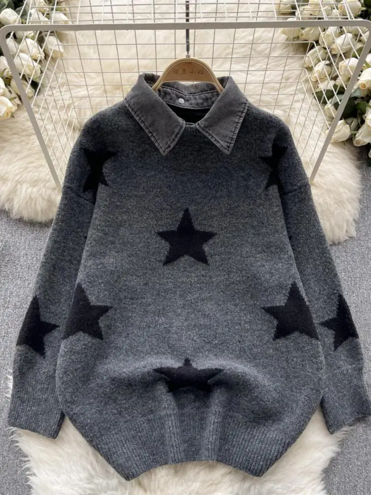 Retro Autumn White Brown Gray Star Shaped Patchwork Denim Long Sleeve Pullover Sweater Korean Ladies Festival Knitted Tops Thick
Retro Autumn White Brown Gray Star Shaped Patchwork Denim Long Sleeve Pullover Sweater Korean Ladies Festival Knitted Tops Thick