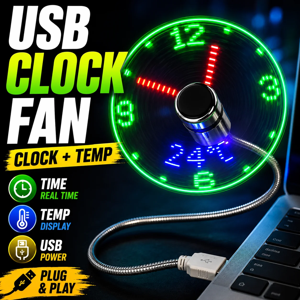 USB Clock Fan LED Time Display Cooling Fan Real Time Temperature Display Flexible Gooseneck Desk Fan for Laptop PC Office