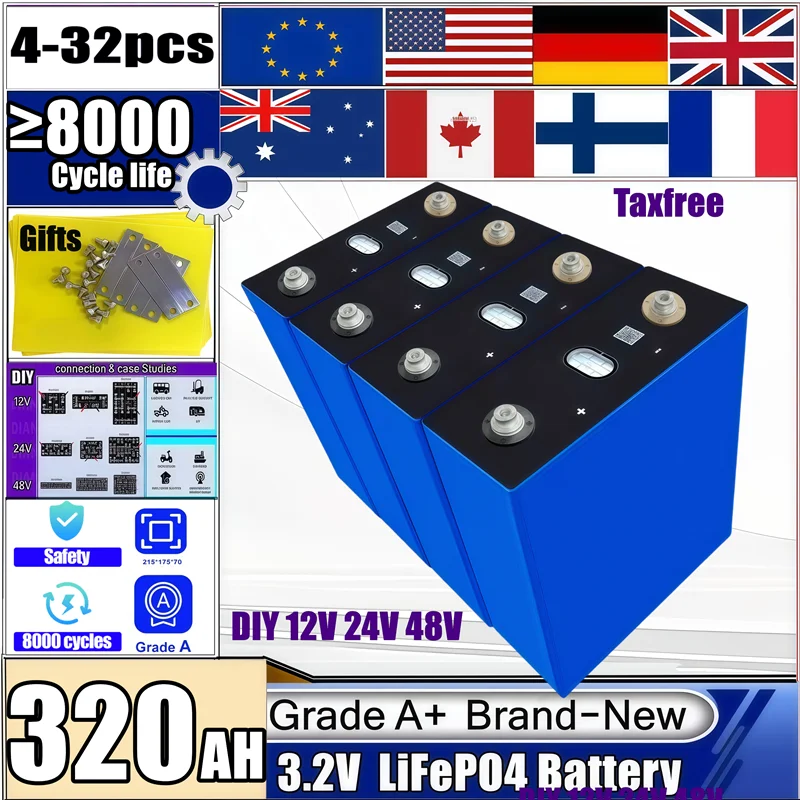 3.2V 320Ah Lifepo4 Rechargeable Battery Grade A 8000 Cycles DIY 12V 24V 48V RV EV Boat Golf solar energy camping duty-free solar
3.2V 320Ah Lifepo4 Rechargeable Battery Grade A 8000 Cycles DIY 12V 24V 48V RV EV Boat Golf solar energy camping duty-free solar