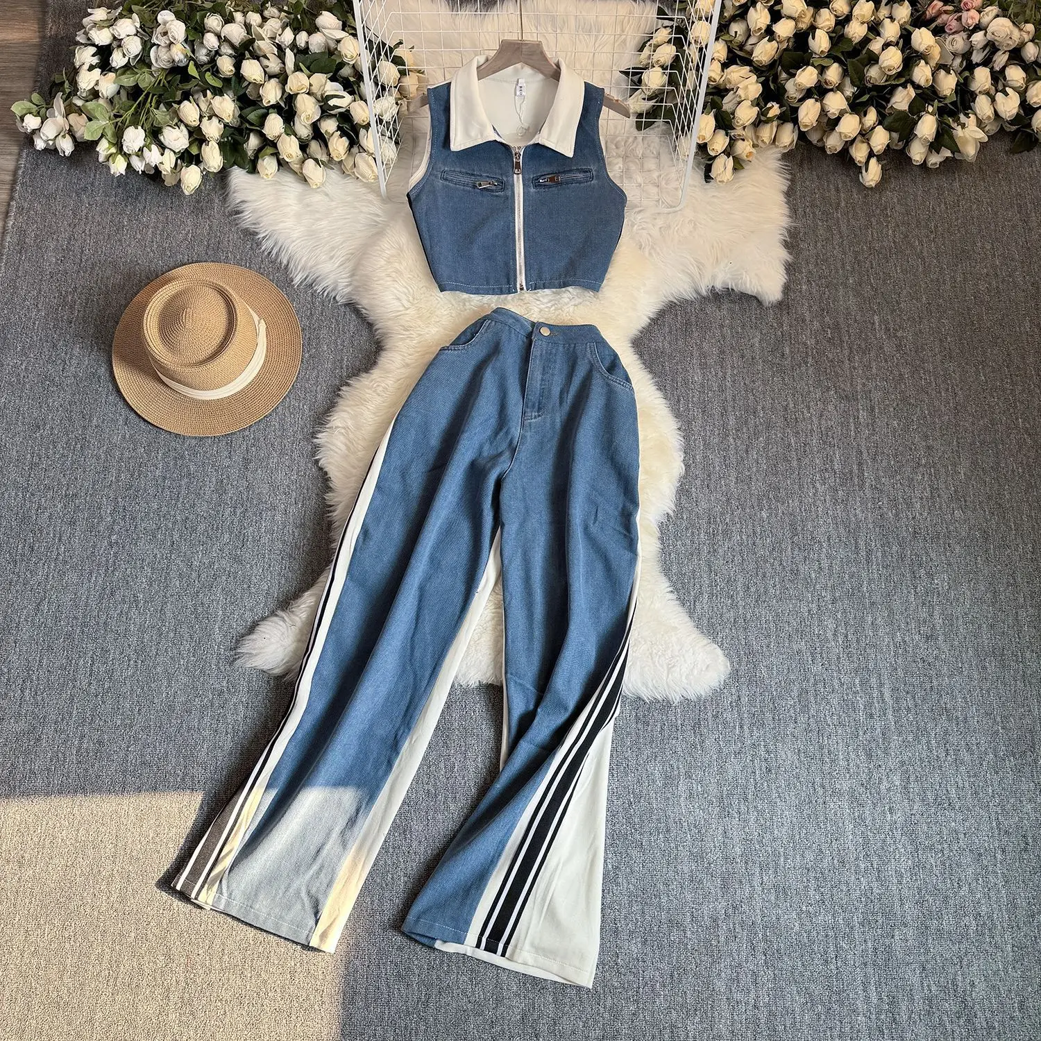 Denim Pants Set Women Two Piece Sets Matching Sets Sleeveless Zipper Short Tops Wide Leg Long Pant High Waist Y2k Streetwear
Denim Pants Set Women Two Piece Sets Matching Sets Sleeveless Zipper Short Tops Wide Leg Long Pant High Waist Y2k Streetwear