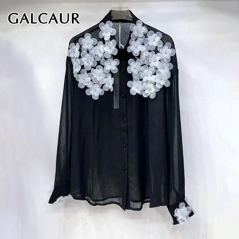 GALCAUR Hit Color Sheer Spliced 3D Flower Casual Shirts for Women Round Neck Long Sleeves Patchwork Single Breasted Shirt Female
GALCAUR Hit Color Sheer Spliced 3D Flower Casual Shirts for Women Round Neck Long Sleeves Patchwork Single Breasted Shirt Female