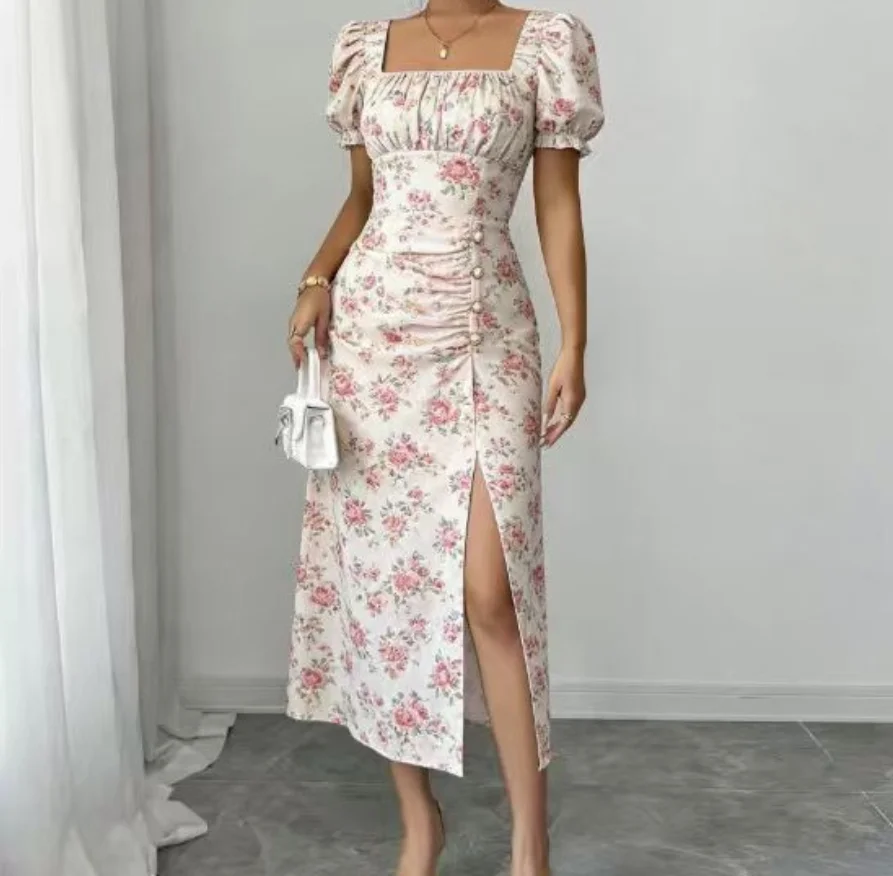 Women's Dress Summer New Fashion New Chinese Style Elegant Square Collar Flower Print Bubble Sleeve Buckle Design Dress
Women's Dress Summer New Fashion New Chinese Style Elegant Square Collar Flower Print Bubble Sleeve Buckle Design Dress