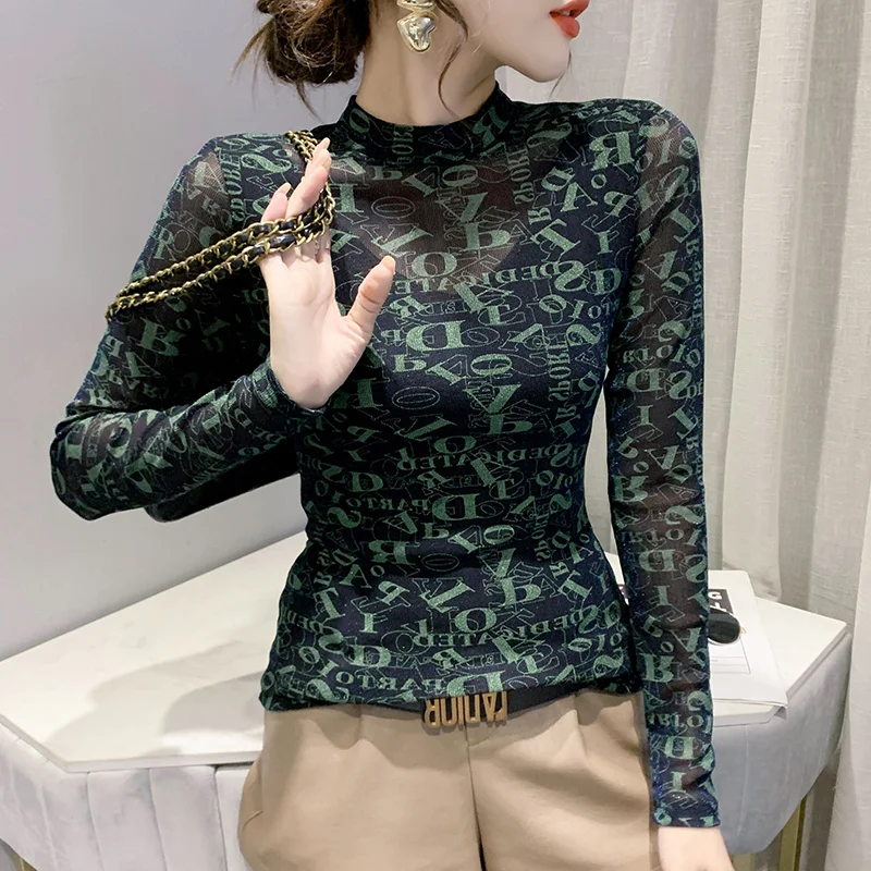 #8088 Short Mesh T Shirt Women Long Sleeve Letters Printed T-shirt Female Thin Tight Perspective Woman T Shirt Half High Collar
#8088 Short Mesh T Shirt Women Long Sleeve Letters Printed T-shirt Female Thin Tight Perspective Woman T Shirt Half High Collar
