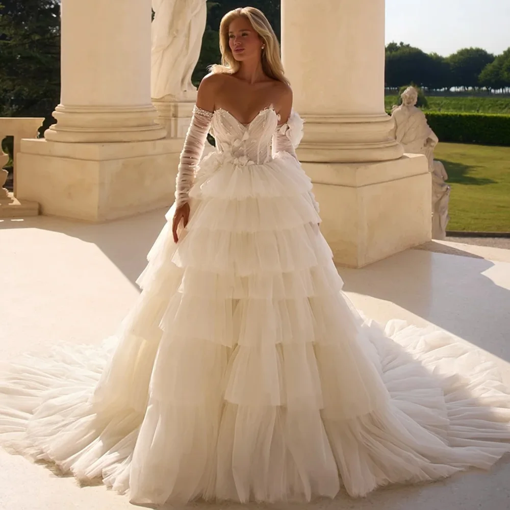 Dreamy Pearls Flowers Vestido De Novia Classic Tiered Customized Tulle Bridal Gowns Elegant Sweetheart A-Line Wedding Dress
Dreamy Pearls Flowers Vestido De Novia Classic Tiered Customized Tulle Bridal Gowns Elegant Sweetheart A-Line Wedding Dress