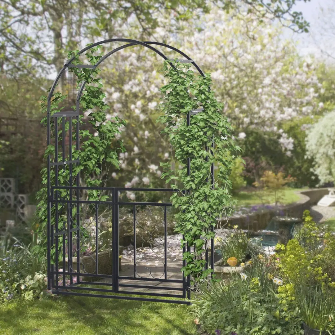 Elegant pavilion design with integrated garden arch with planter box and lighting system
Elegant pavilion design with integrated garden arch with planter box and lighting system