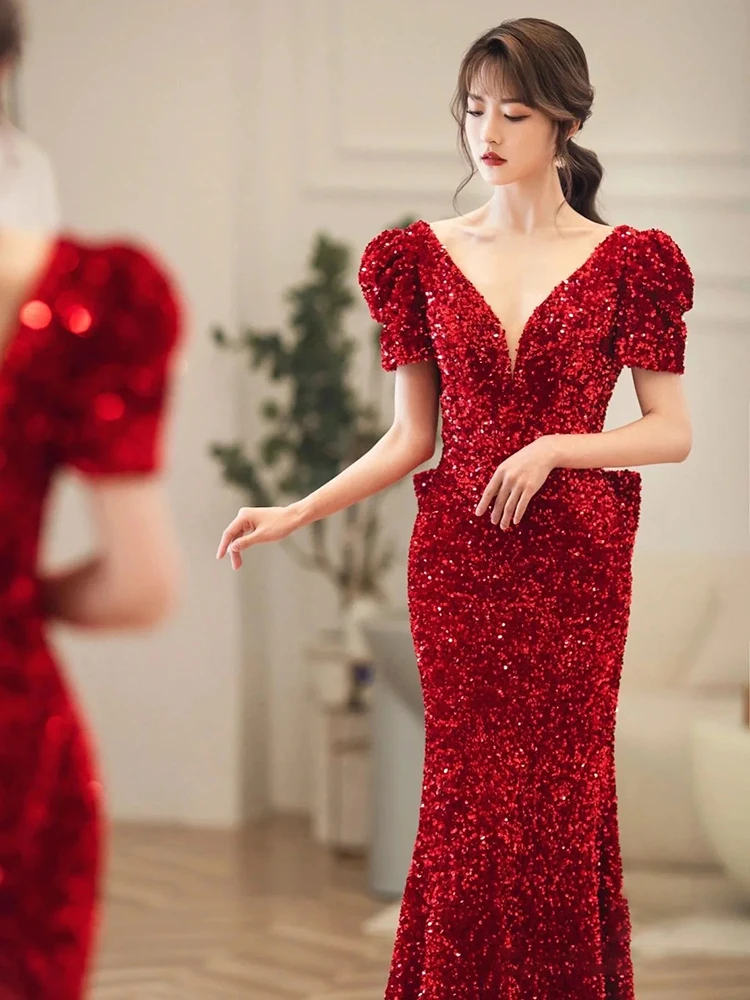 Fishtail Toast Dress 2025 New Wine Red Engagement High-Grade Sequined Backless Banquet Evening for Women
Fishtail Toast Dress 2025 New Wine Red Engagement High-Grade Sequined Backless Banquet Evening for Women