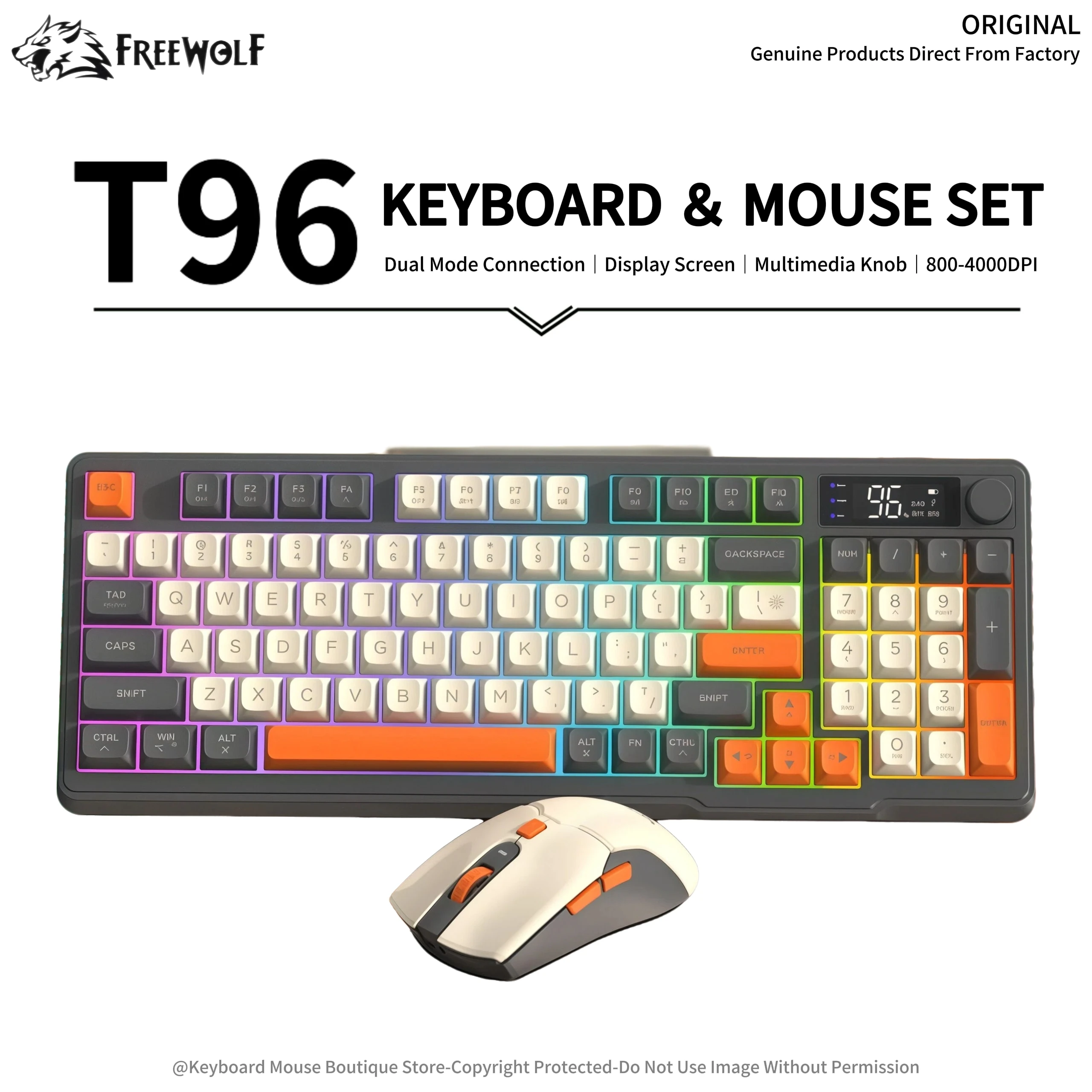 Беспроводной комплект клавиатуры и мыши FREEWOLF T96 с двумя режимами работы, RGB-подсветкой, дисплеем, стильный трехцветный набор клавиатуры и мыши
Беспроводной комплект клавиатуры и мыши FREEWOLF T96 с двумя режимами работы, RGB-подсветкой, дисплеем, стильный трехцветный набор клавиатуры и мыши