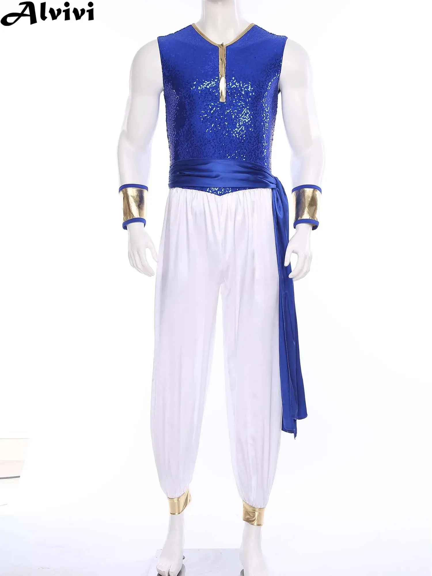 Men Sequin Satiny Arab Prince Cosplay Jumpsuit with Belt Cuffs Halloween party Arabian Folk Tales Magical Lamp Role Play Costume
Men Sequin Satiny Arab Prince Cosplay Jumpsuit with Belt Cuffs Halloween party Arabian Folk Tales Magical Lamp Role Play Costume