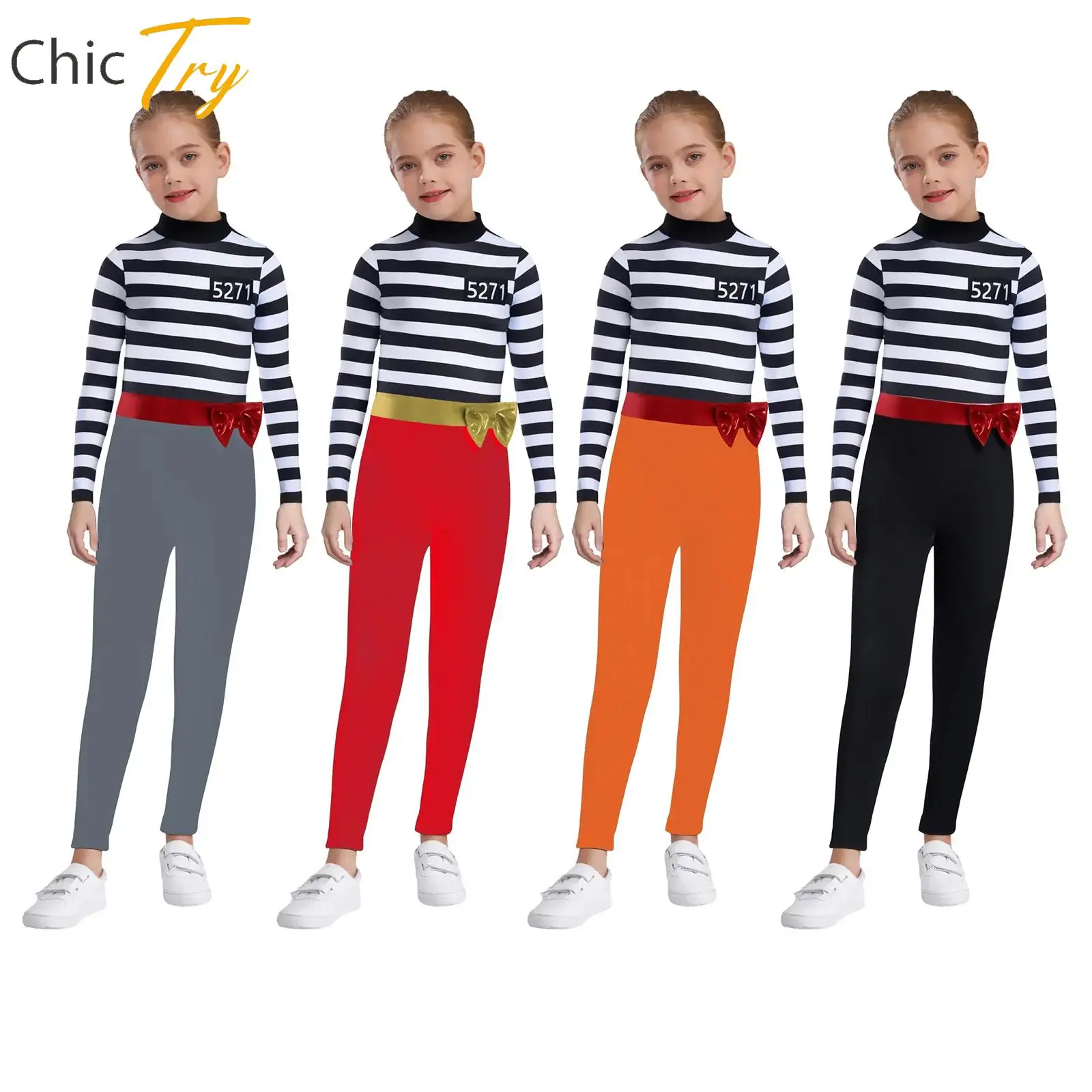 Kids Girls Prisoner Role Play Costume Long Sleeve Contrast Color Stripes Jumpsuit with Non-detachable Bow for Halloween Party
Kids Girls Prisoner Role Play Costume Long Sleeve Contrast Color Stripes Jumpsuit with Non-detachable Bow for Halloween Party