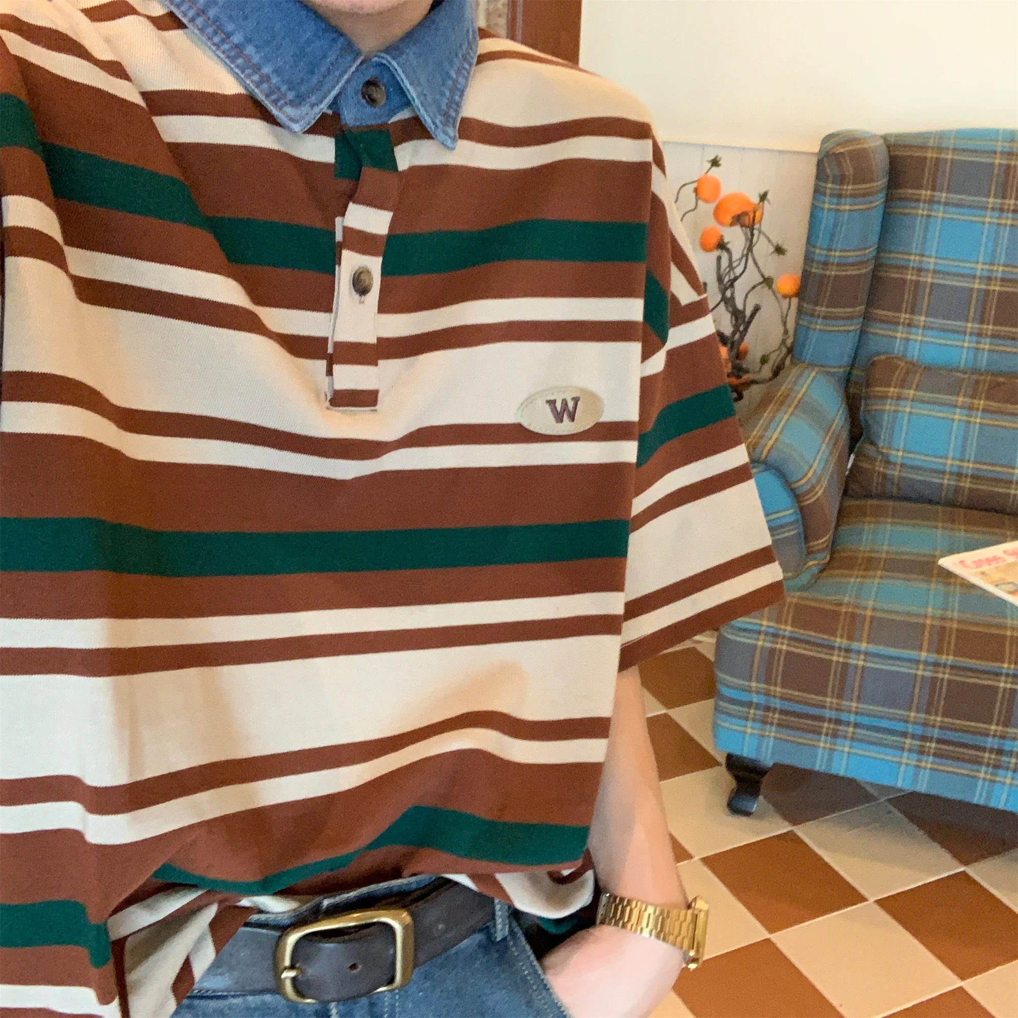 Retro American Striped Denim Collar Short Sleeve T-Shirt Loose Summer Simple Fashion Ladies' Top
Retro American Striped Denim Collar Short Sleeve T-Shirt Loose Summer Simple Fashion Ladies' Top