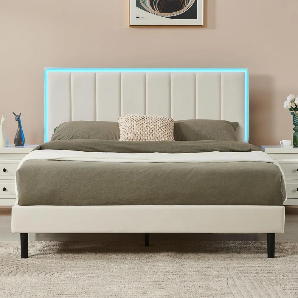 Queen-size Bed Frame with LED Lights, Upholstered Frame, Adjustable Headboard, Quilted Velvet Fabric, and Metal Slat Support
Queen-size Bed Frame with LED Lights, Upholstered Frame, Adjustable Headboard, Quilted Velvet Fabric, and Metal Slat Support