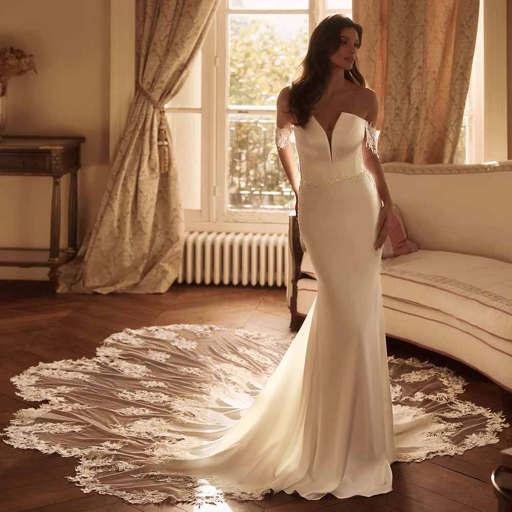 Luxury Satin Mermaid Wedding Dress Customized Exquisite Appliques Tulle Bridal Gowns Classic Strapless Sleeveless Robe de mariée
Luxury Satin Mermaid Wedding Dress Customized Exquisite Appliques Tulle Bridal Gowns Classic Strapless Sleeveless Robe de mariée