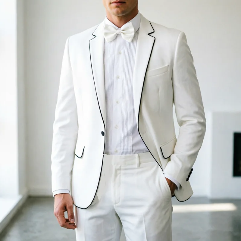 Men's White Tuxedo Suit with Black Piping - Wedding Groom Blazer & Pants Set for Stage Performance, Formal Events, Host Outfit
Men's White Tuxedo Suit with Black Piping - Wedding Groom Blazer & Pants Set for Stage Performance, Formal Events, Host Outfit