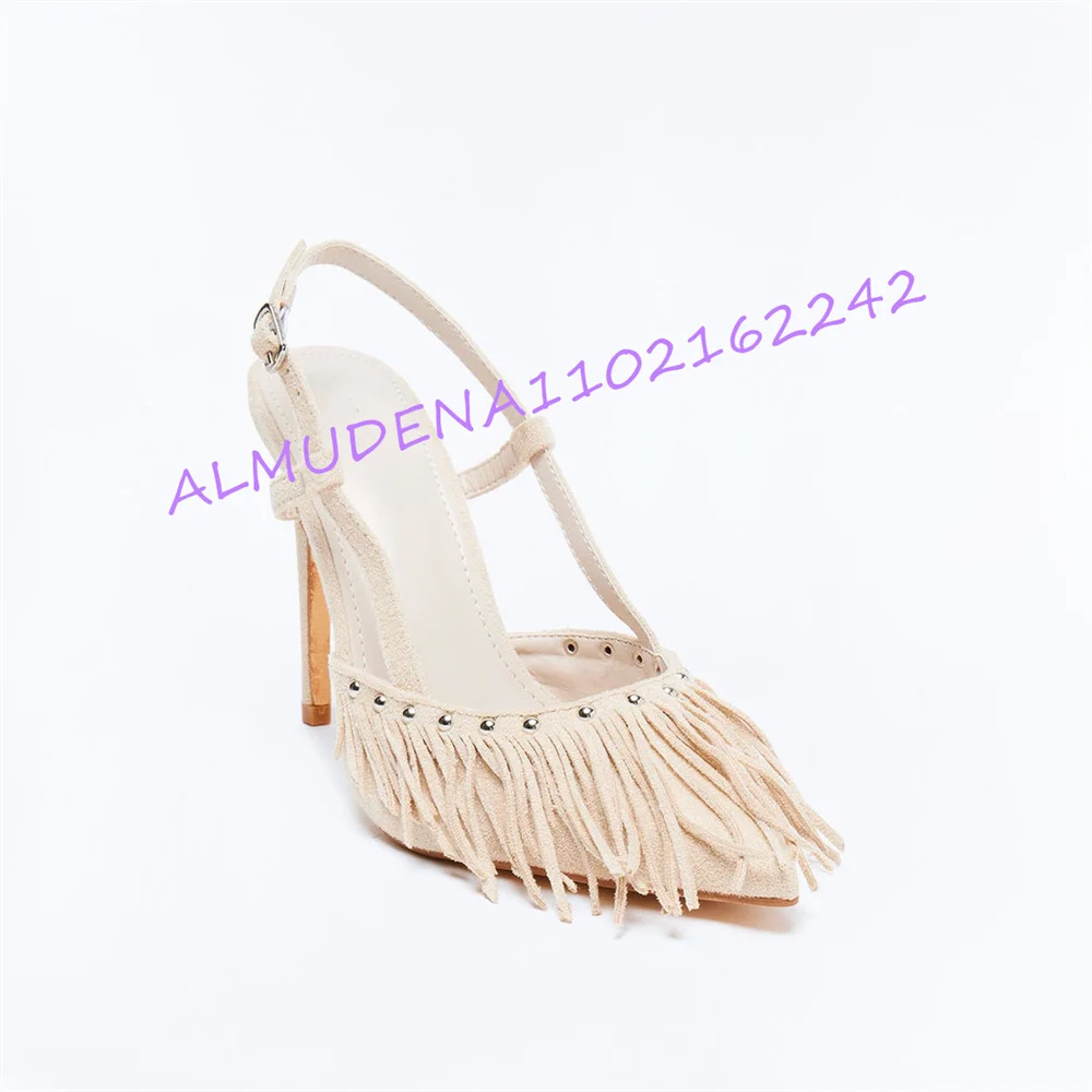 Women'S Elegant Beige Suede Slingback Stiletto Pumps Fringe Tassel Pointed Toe High Heels With Metal Studs Party Dress Shoes 46
Women'S Elegant Beige Suede Slingback Stiletto Pumps Fringe Tassel Pointed Toe High Heels With Metal Studs Party Dress Shoes 46