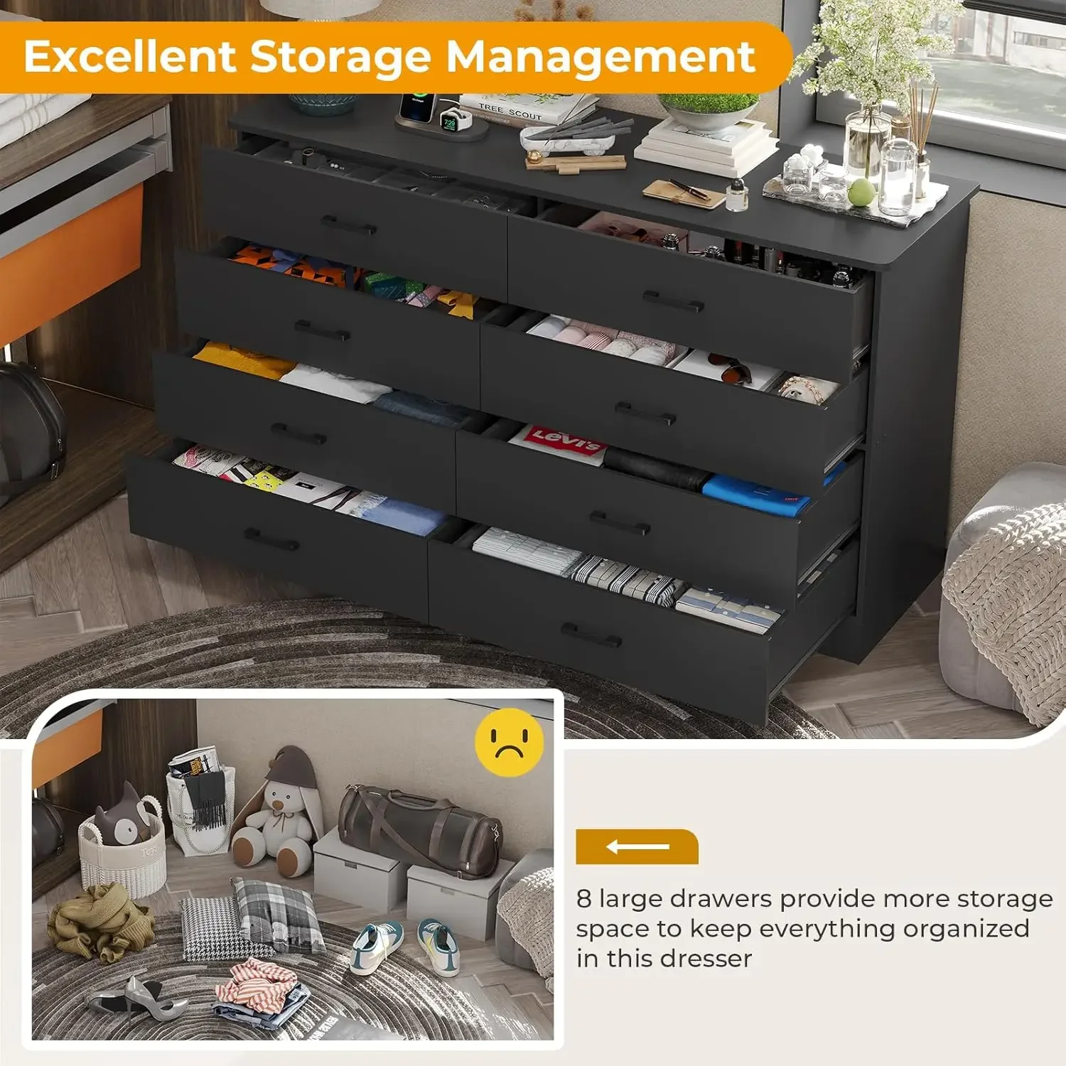 Long Bedroom Dresser with 8 Drawers, 55.1'' Wide Modern Chest of Drawers with Charging Station for Bedroom
Long Bedroom Dresser with 8 Drawers, 55.1'' Wide Modern Chest of Drawers with Charging Station for Bedroom