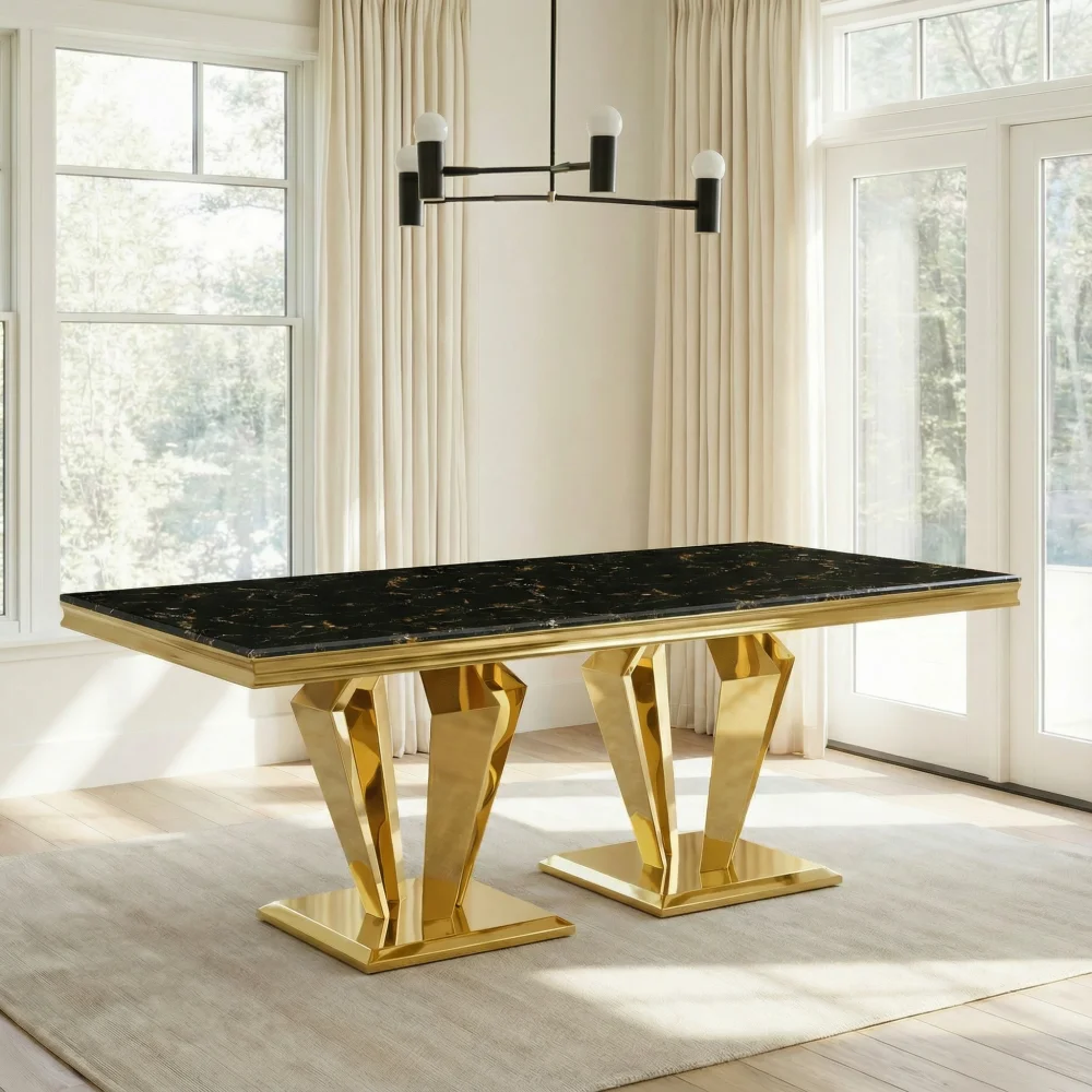 Black Gold MDF Marble Top Dining Table with 66.9" Polished Stainless Steel with Diamond-Shaped Base, Modern Large Long
Black Gold MDF Marble Top Dining Table with 66.9" Polished Stainless Steel with Diamond-Shaped Base, Modern Large Long