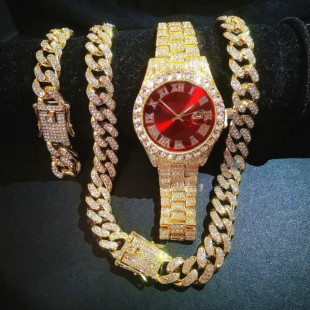 Full Iced Out Watch Men Cuban Link Chain Bracelet Necklace Choker Bling Jewelry Big Golden Hip Hop Male Clocks Set Reloj Hombre
Full Iced Out Watch Men Cuban Link Chain Bracelet Necklace Choker Bling Jewelry Big Golden Hip Hop Male Clocks Set Reloj Hombre