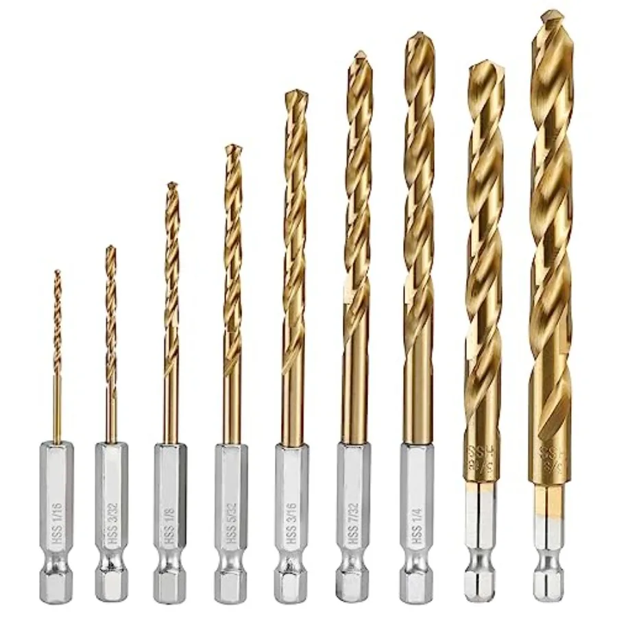 9-Piece 1/4" Hex Shank Drill Bit Set, Titanium Plating HSS Drill Bits from 1/16" to 3/8" for Metal, Steel, Wood, PVC, Quick Cha
9-Piece 1/4" Hex Shank Drill Bit Set, Titanium Plating HSS Drill Bits from 1/16" to 3/8" for Metal, Steel, Wood, PVC, Quick Cha