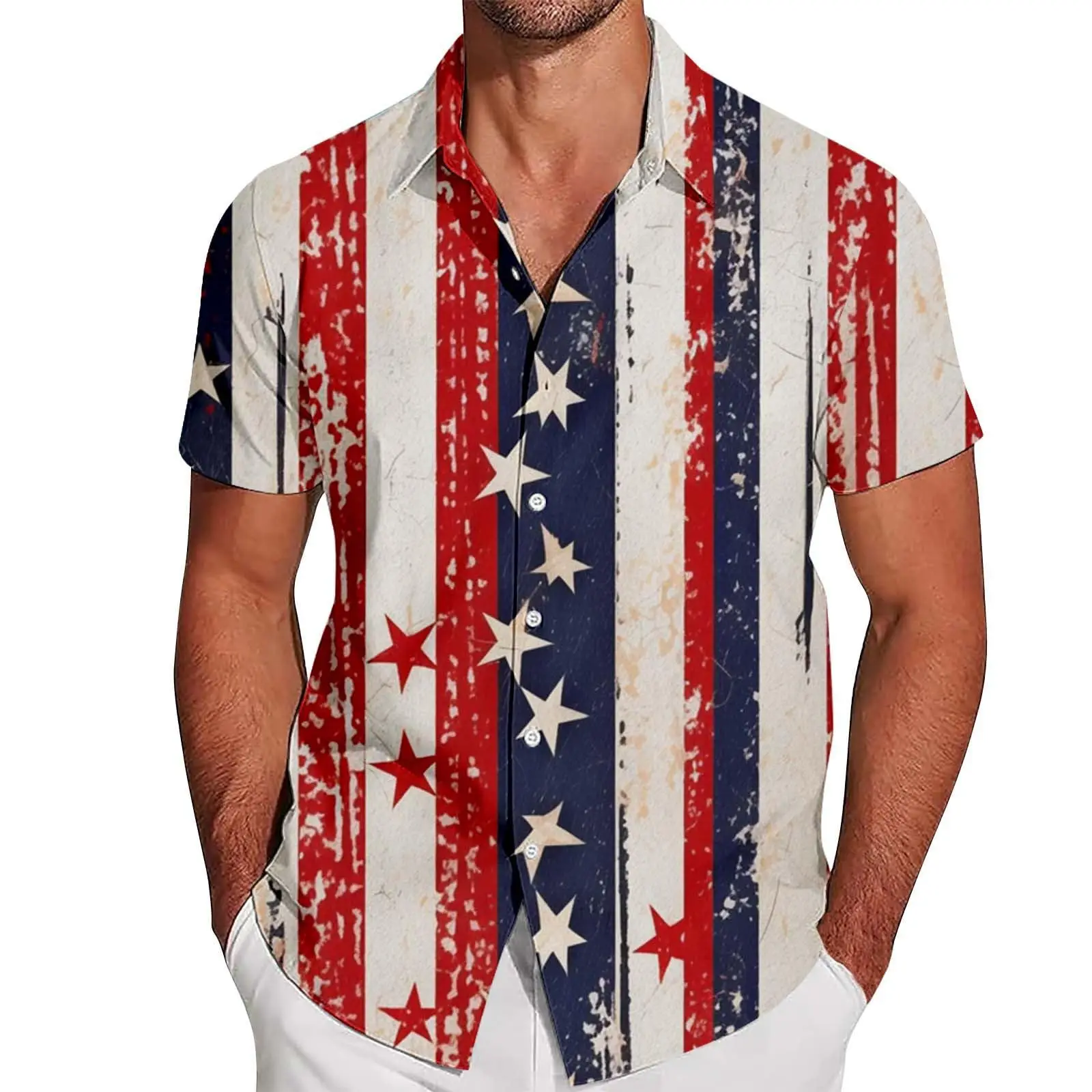 Men's Simple Retro Star and Stripe 3D Printed Holiday Party Short-sleeved Lapel Shirt Hawaii Vacation Beach Casual Clothing Top
Men's Simple Retro Star and Stripe 3D Printed Holiday Party Short-sleeved Lapel Shirt Hawaii Vacation Beach Casual Clothing Top