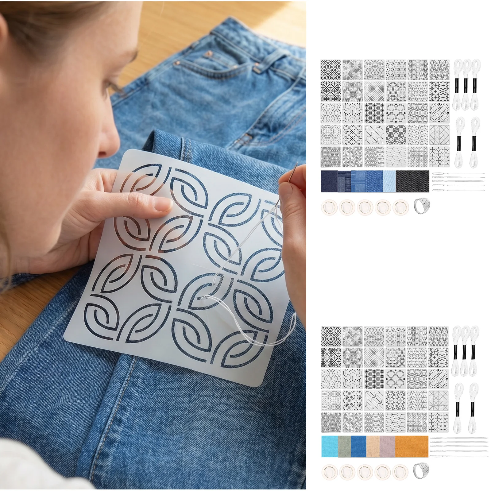 30Pcs Sashiko Stencils Kit Complete Sashiko Thread and Needles Thimble Set Denim Fabric Embroidery Kit for Beginners Quilting
30Pcs Sashiko Stencils Kit Complete Sashiko Thread and Needles Thimble Set Denim Fabric Embroidery Kit for Beginners Quilting