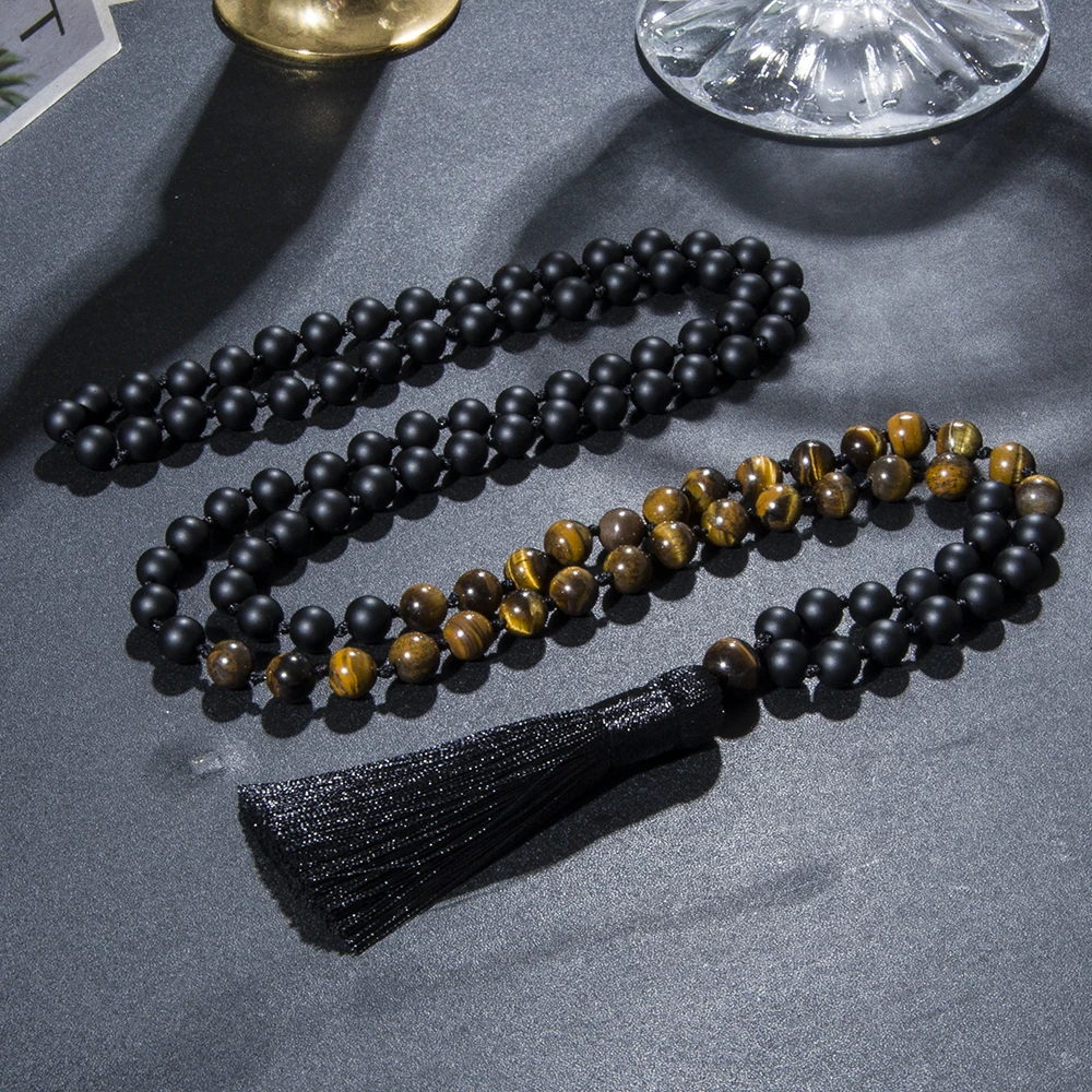 8mm Yellow Tiger Eye Matte Black Onyx Knotted 108 Mala Beads Necklace Meditation Yoga Prayer Beads Japamala Tassel Jewelry
8mm Yellow Tiger Eye Matte Black Onyx Knotted 108 Mala Beads Necklace Meditation Yoga Prayer Beads Japamala Tassel Jewelry