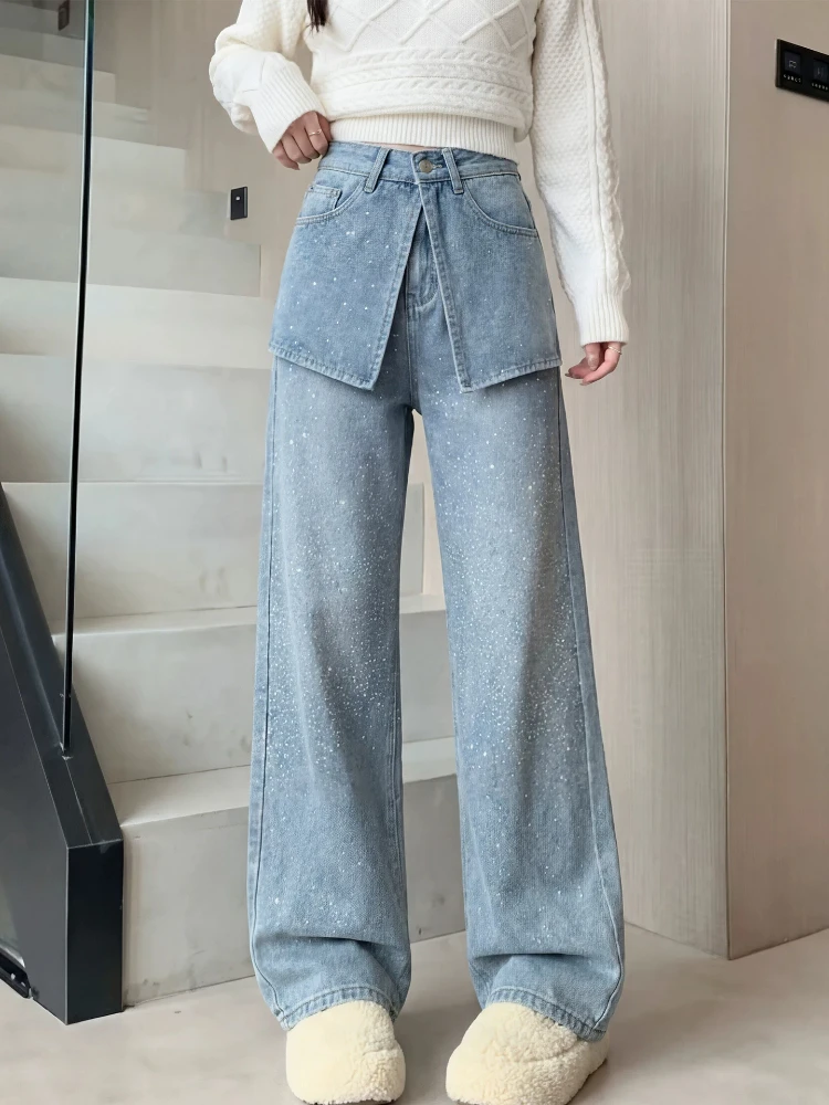 Blue Denim Wide Leg Pants Women's Casual Straight Slimming Summer Fashionable Hotfix Rhinestone High Waist Pocket Detail
Blue Denim Wide Leg Pants Women's Casual Straight Slimming Summer Fashionable Hotfix Rhinestone High Waist Pocket Detail