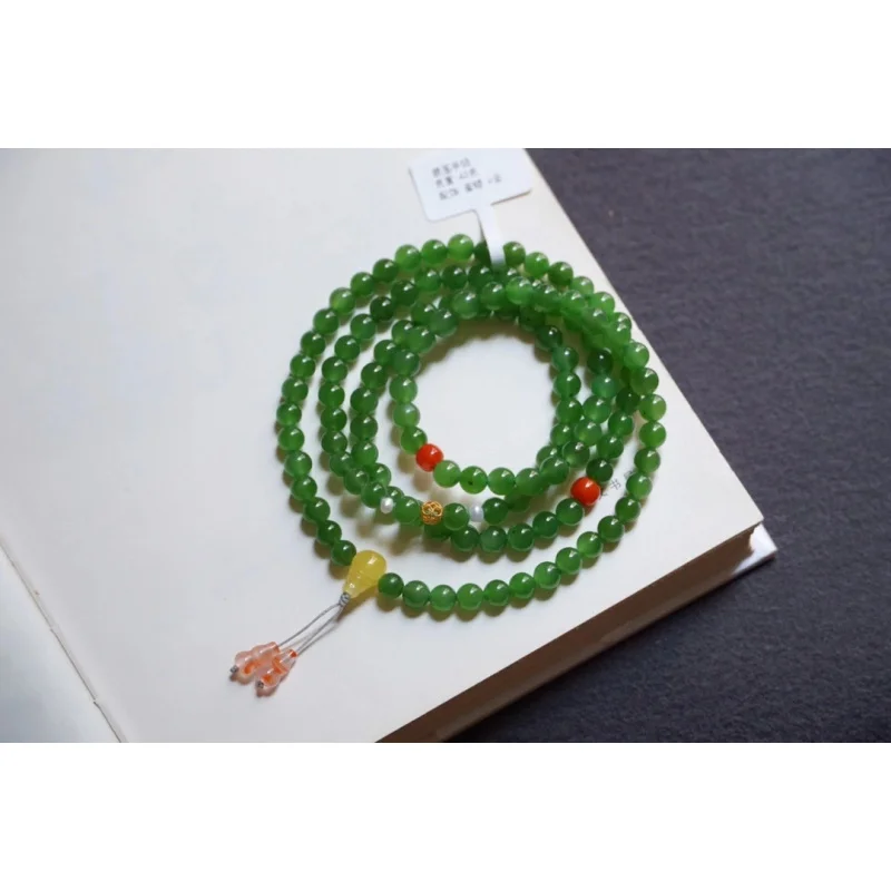 Green Delicate Icey Jade 6mm paired with 18k gold hollow beads Red Agate and Beeswax accessories
Green Delicate Icey Jade 6mm paired with 18k gold hollow beads Red Agate and Beeswax accessories