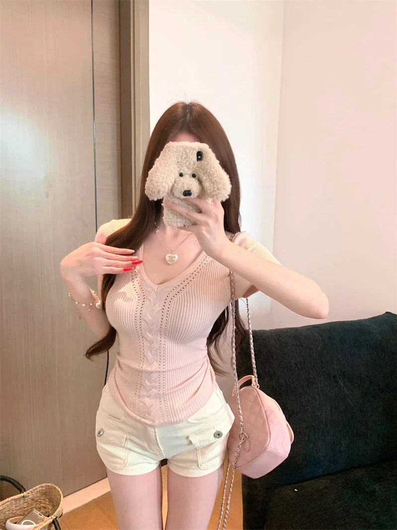 Original Design Spicy Girl Twisted Knit Hollow out Alternating Weave "Pure Desire Slimming Knitted Short Sleeve T-Shirt"
Original Design Spicy Girl Twisted Knit Hollow out Alternating Weave "Pure Desire Slimming Knitted Short Sleeve T-Shirt"
