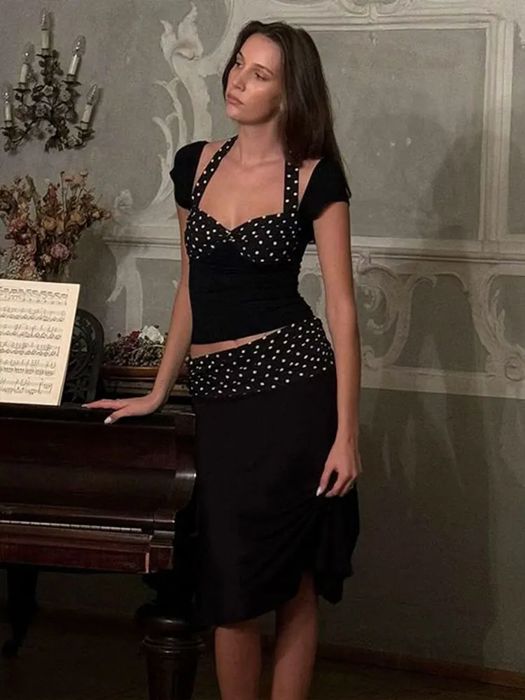 Новые летние женские футболки, черная сексуальная 2-компонентная уличная одежда, модная повседневная тонкая элегантная женская клубная одежда с принтом в горошек 
Новые летние женские футболки, черная сексуальная 2-компонентная уличная одежда, модная повседневная тонкая элегантная женская клубная одежда с принтом в горошек