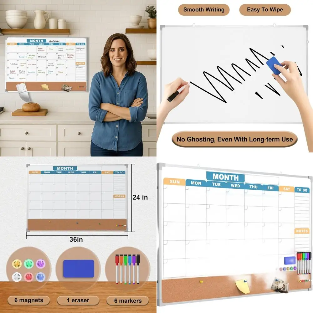 Двусторонняя доска для записей и планирования 36x24 дюймов, сухостираемая и с пробковой поверхностью, серебристая рамка, настенный календарь с аксессуарами
Двусторонняя доска для записей и планирования 36x24 дюймов, сухостираемая и с пробковой поверхностью, серебристая рамка, настенный календарь с аксессуарами