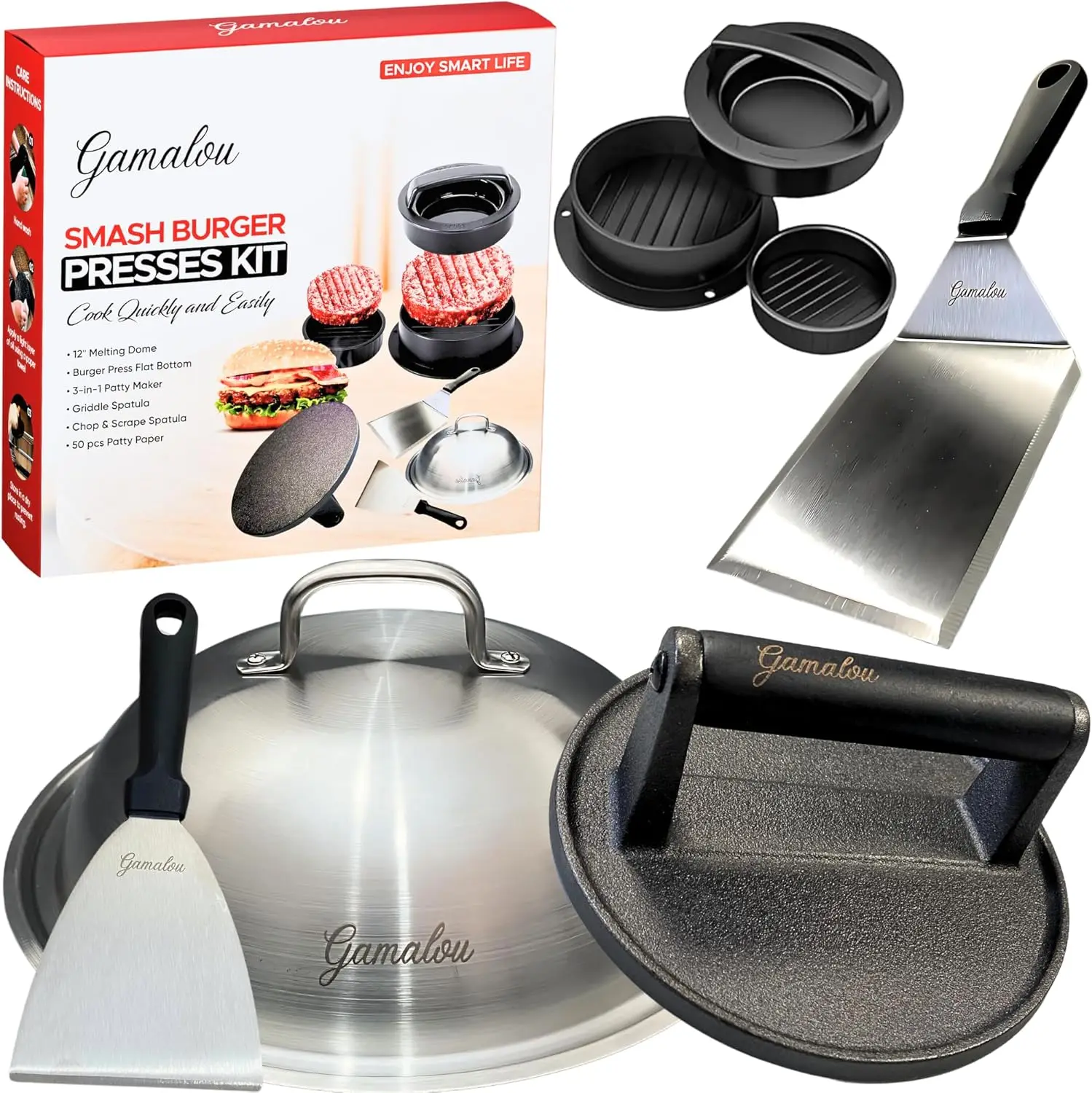® Smash Burger Press Kit: 7" Cast Iron Grill Press, 12" Melting Dome, 3-in-1 Patty Maker, 4.3" Spatula & 4" Scraper, Gri
® Smash Burger Press Kit: 7" Cast Iron Grill Press, 12" Melting Dome, 3-in-1 Patty Maker, 4.3" Spatula & 4" Scraper, Gri