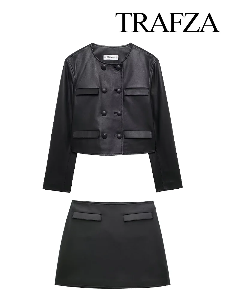 TRAFZA Women Chic Single-Breasted Long Sleeve O-Neck Button Short Leather Coat+Pocket Decoration Zipper Mini Skirts 2 Piece Set
TRAFZA Women Chic Single-Breasted Long Sleeve O-Neck Button Short Leather Coat+Pocket Decoration Zipper Mini Skirts 2 Piece Set