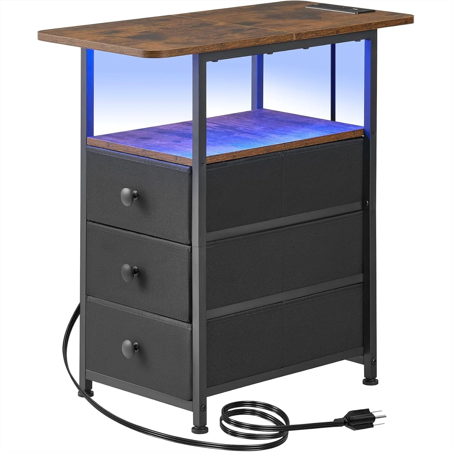 Narrow End Table with Charging Station, 3 Fabric Drawers, LED Light - Rustic Brown Slim Nightstand for Living Room and Bedroom
Narrow End Table with Charging Station, 3 Fabric Drawers, LED Light - Rustic Brown Slim Nightstand for Living Room and Bedroom