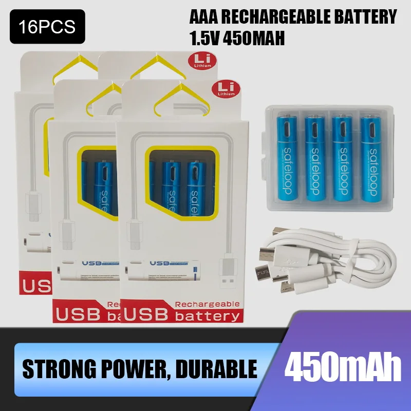 16pcs Technology! USB Rechargeable Battery 1.5V AAA 450mah li-polymer li-ion battery Remote control batteries, toy car batteries
16pcs Technology! USB Rechargeable Battery 1.5V AAA 450mah li-polymer li-ion battery Remote control batteries, toy car batteries